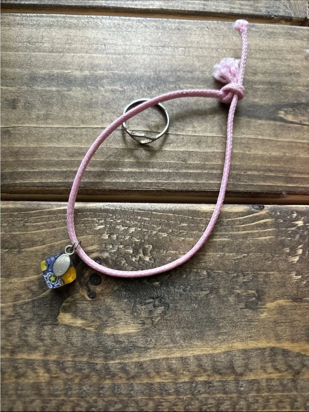 Kids Adjustable Pink Cord Bracelet with Floral Glass Charm